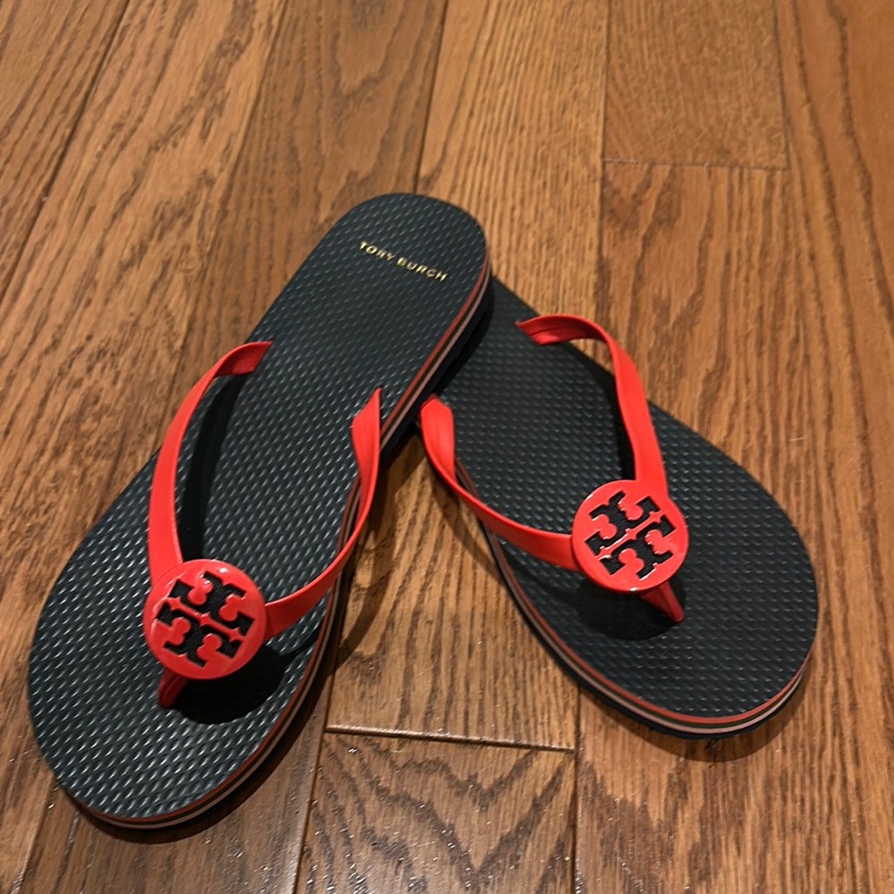 Tory Burch Black and Orange Flip Flops